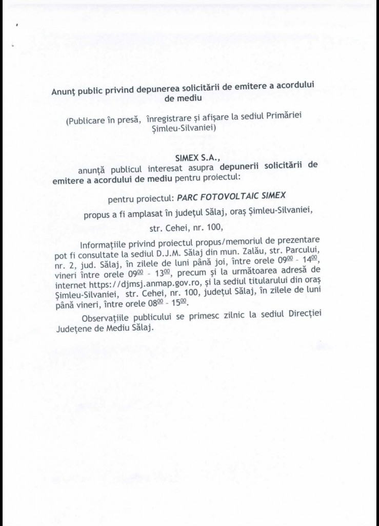 Anunt public privind depunerea solicitarii de emitere a acordului de mediu